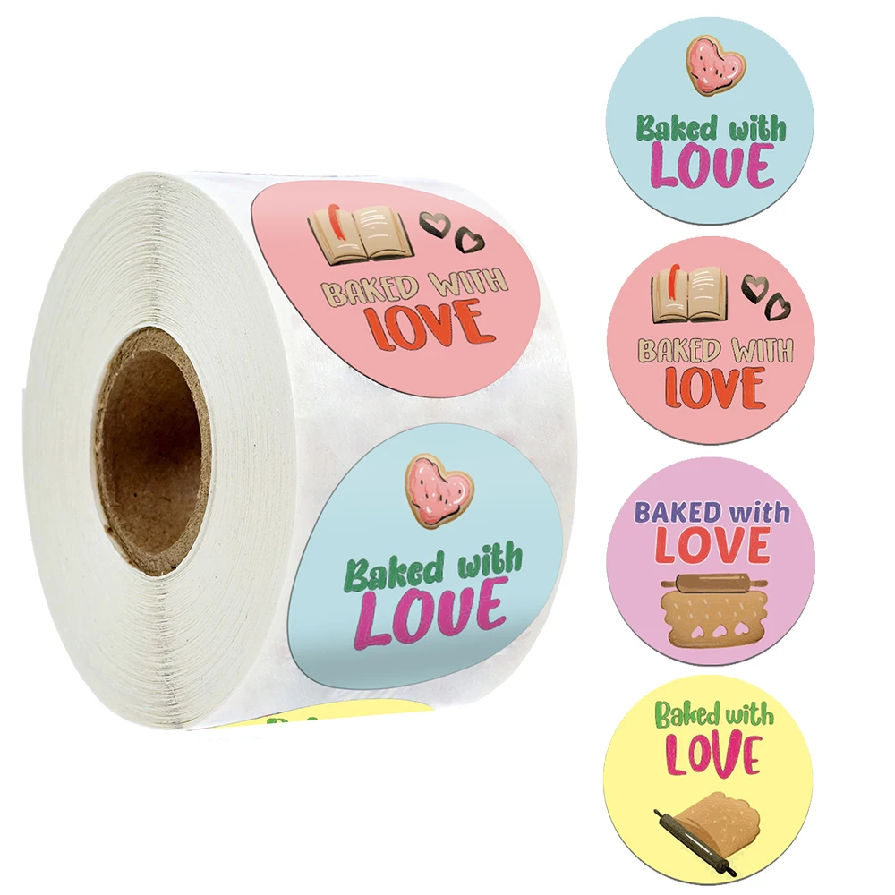 

500pcs/roll Food Stickers Round Baked With Love Cute Labels for Children's Day Scrapbooking Stickers 1 inch 4 Design Sticker