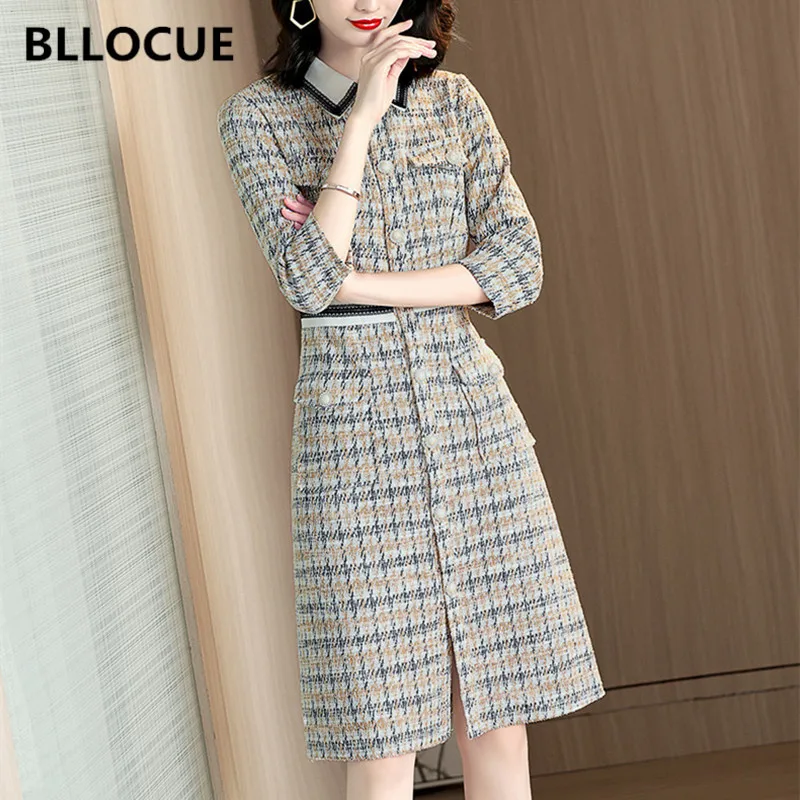 

BLLOCUE High Quality 2019 Winter Fashion Houndstooth Office Tweed Dress Women Elegant Three Quarter Sleeve Runway Slim Dress