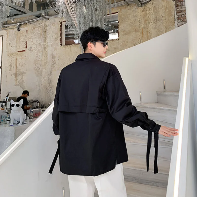 Men's Long Sleeve Shirt Spring And Autumn New Style Personality Ribbon Decoration Street Japanese Casual Loose Large Size Shirt
