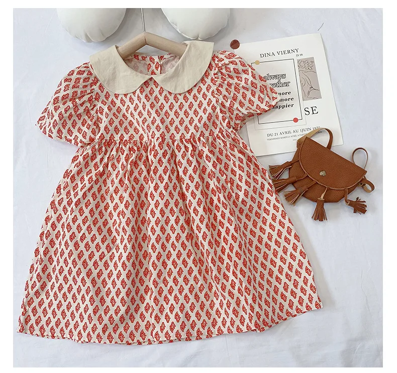 

Summer Girls Dress Korean 2021 A-Line Princess Frocks Little Girls Short Sleeve Cotton One Piece Children's Floral Print Dresses