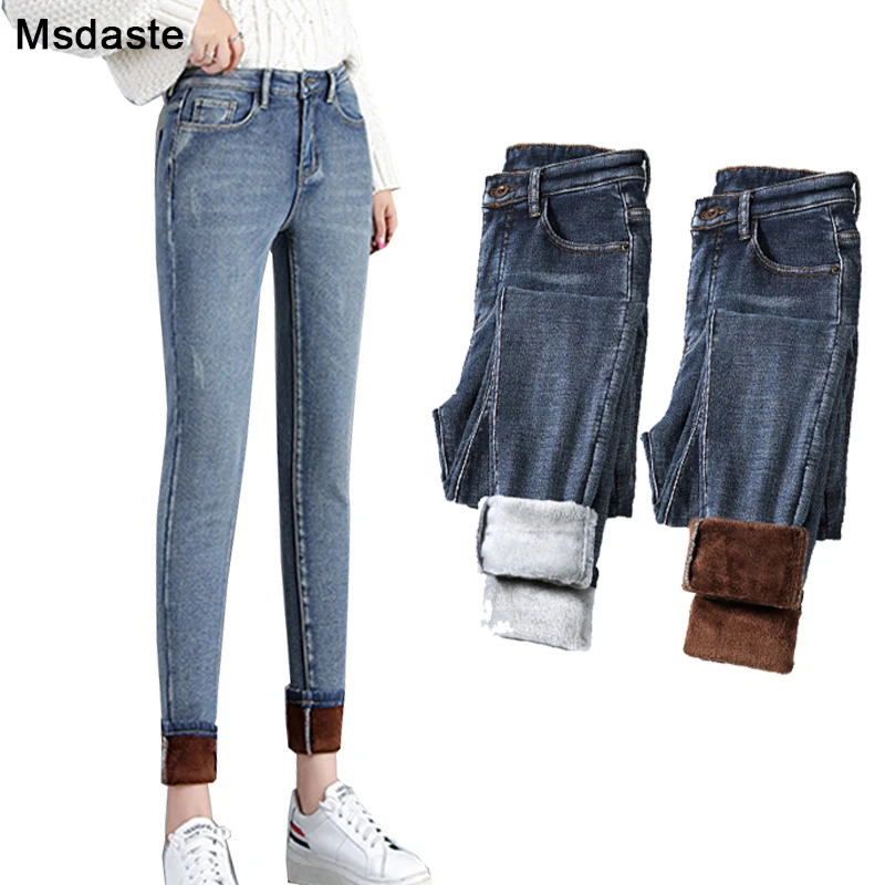 Зимние теплые джинсы для женщин новинка 2019 винтажные Женские флисовые джинсовые