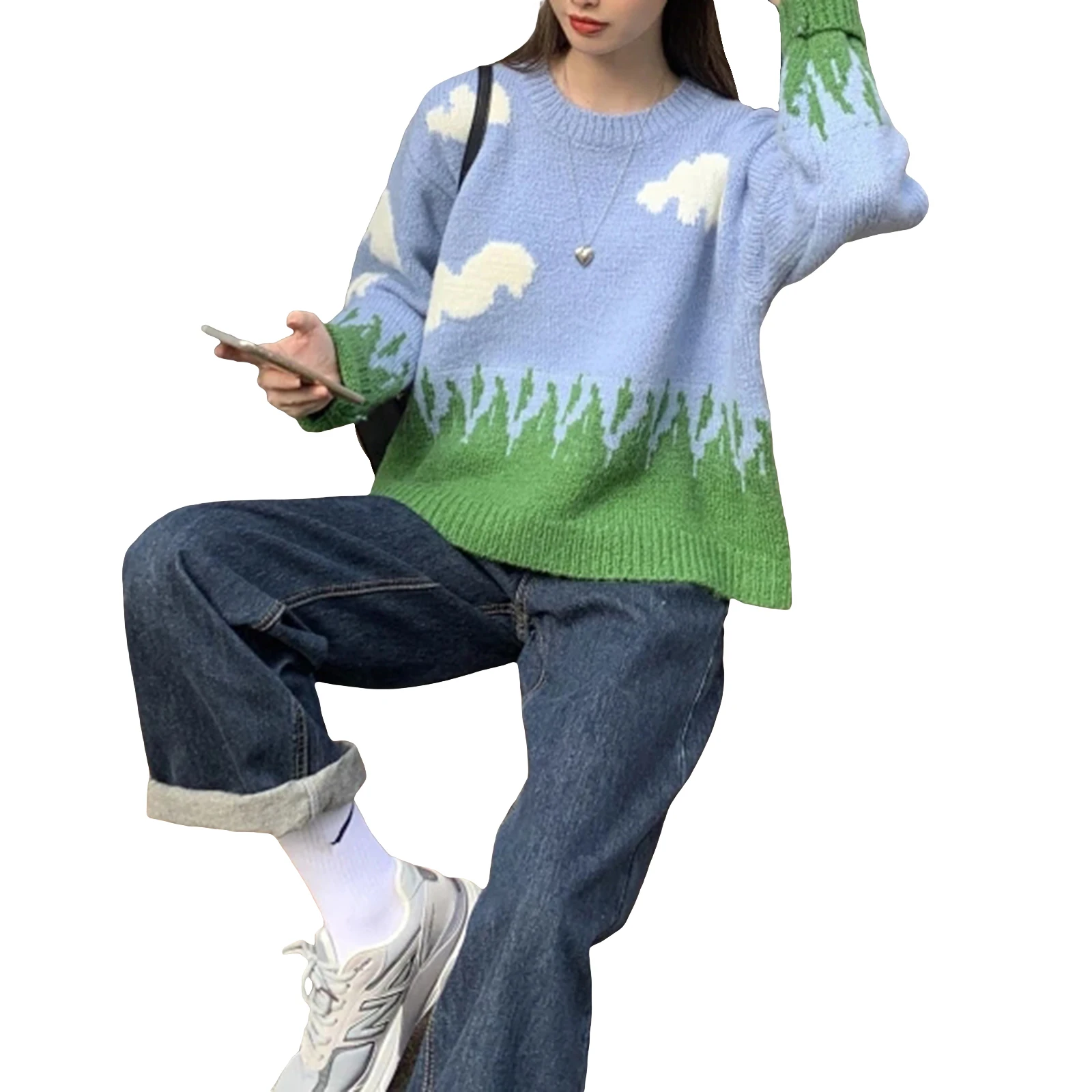 Женский вязаный свитер с принтом в виде облаков модные пуловеры большого размера