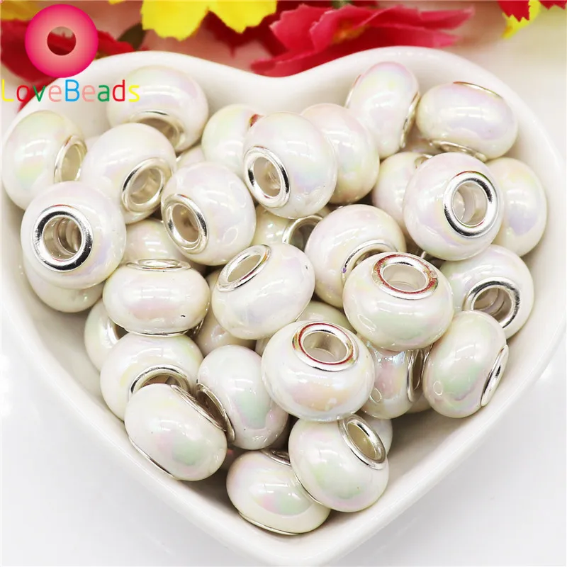 10 pcs White Color Resin Murano Big Hole Round Spacer Beads Fit Pandora Charms Bracelet Necklaces Women Jewelry Making Beads