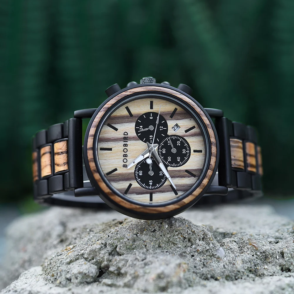 BOBO BIRD Wooden Watch Men erkek kol saati Luxury Stylish Wood Timepieces Chronograph Military Quartz Watches in Wood Gift Box