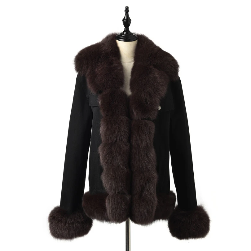 FURSARCAR Fashion Jean Jacket Real Fur Parka Women Winter Coat With Coffee Fox Fur Collar And Cuff Casual Warm Fur Parka