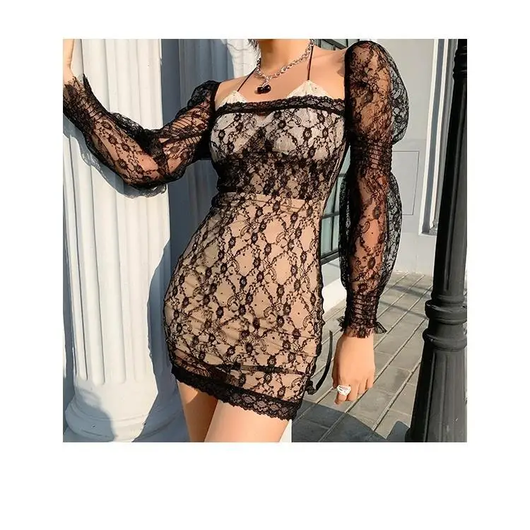 

Dress 2021 new style spring and summer sexy hot girl lace neck long sleeve waist closed show thin, yujiefeng skirt fashion