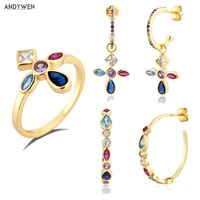 andywen 925 sterling silver five color gold rainbow cross drop earring hoops piercing ring jewelry set for women fashion jewels