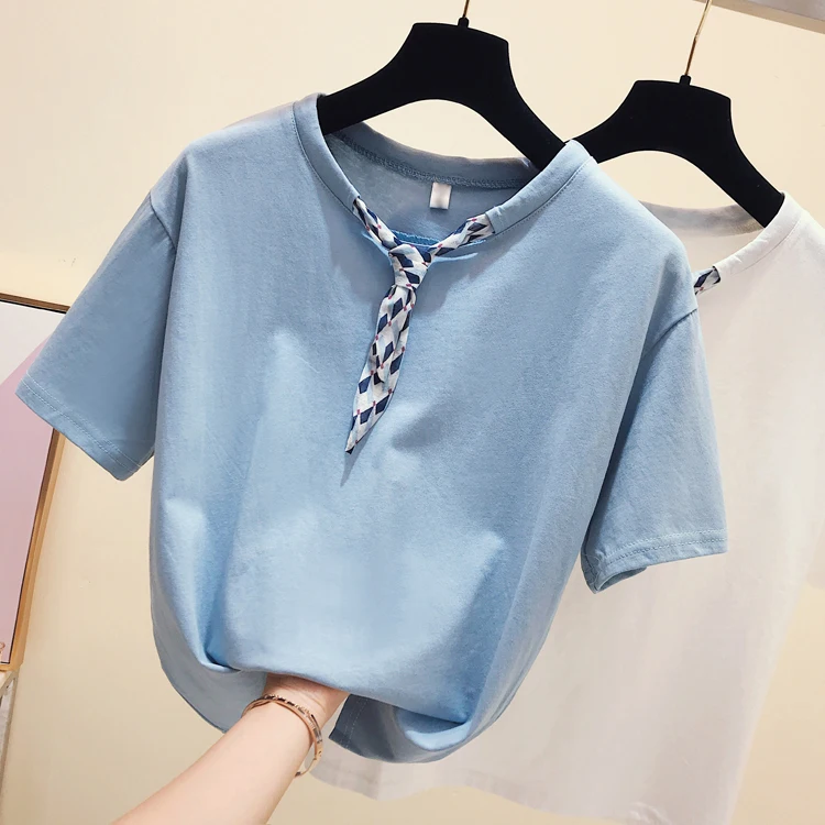 

2020 Summer Tshirts Women New Butterfly Knot Round Collar Cotton T-shirt Female Ladies Short Sleeve Loose Plus Size T Shirt Tops
