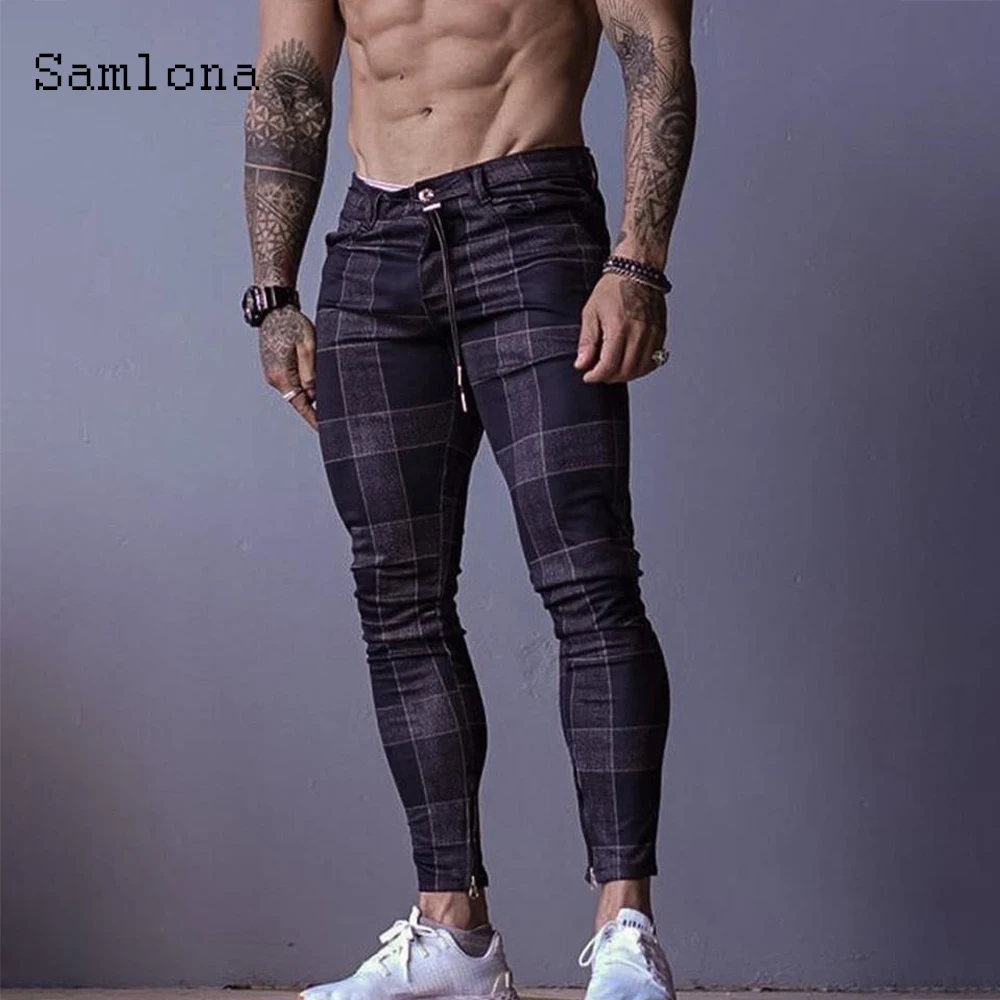 

Samlona Men's Stand Pocket Casual Plaid Trouser Fitness Slim Elegant Leisure Skinny Pants Mens Hip Hop Sweatpants Men Streetwear