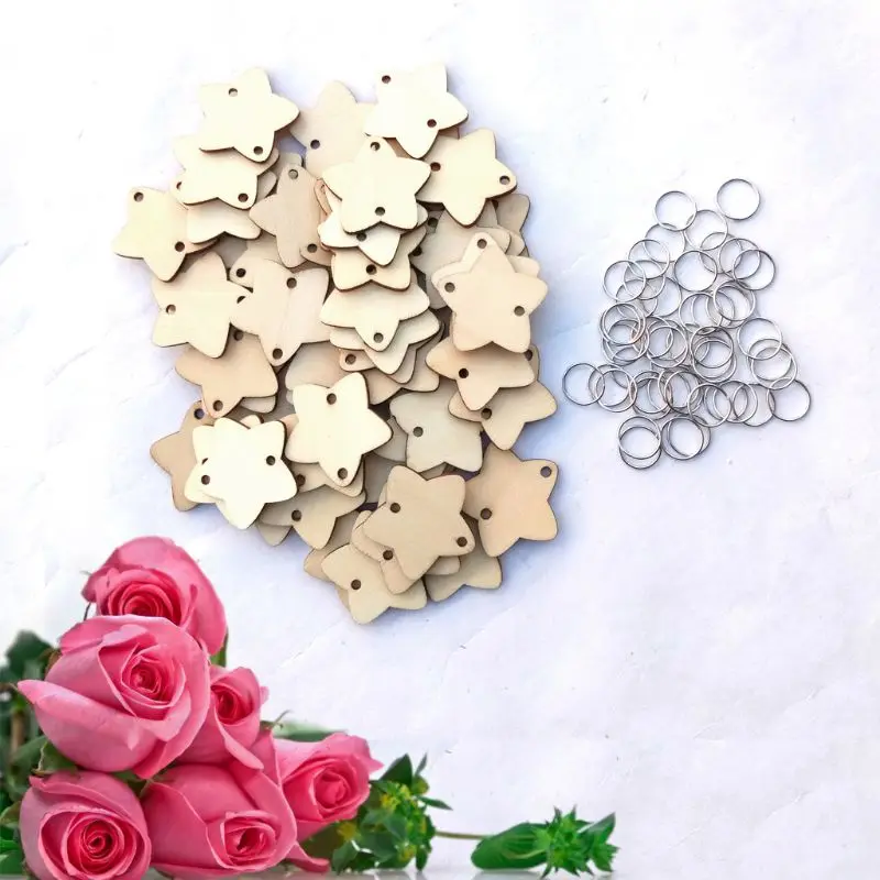 

50pcs Star Wooden Slices With 50 Iron Loops Set For Birthday Reminder Hanging Plaque Board DIY Calendar Accessories Home