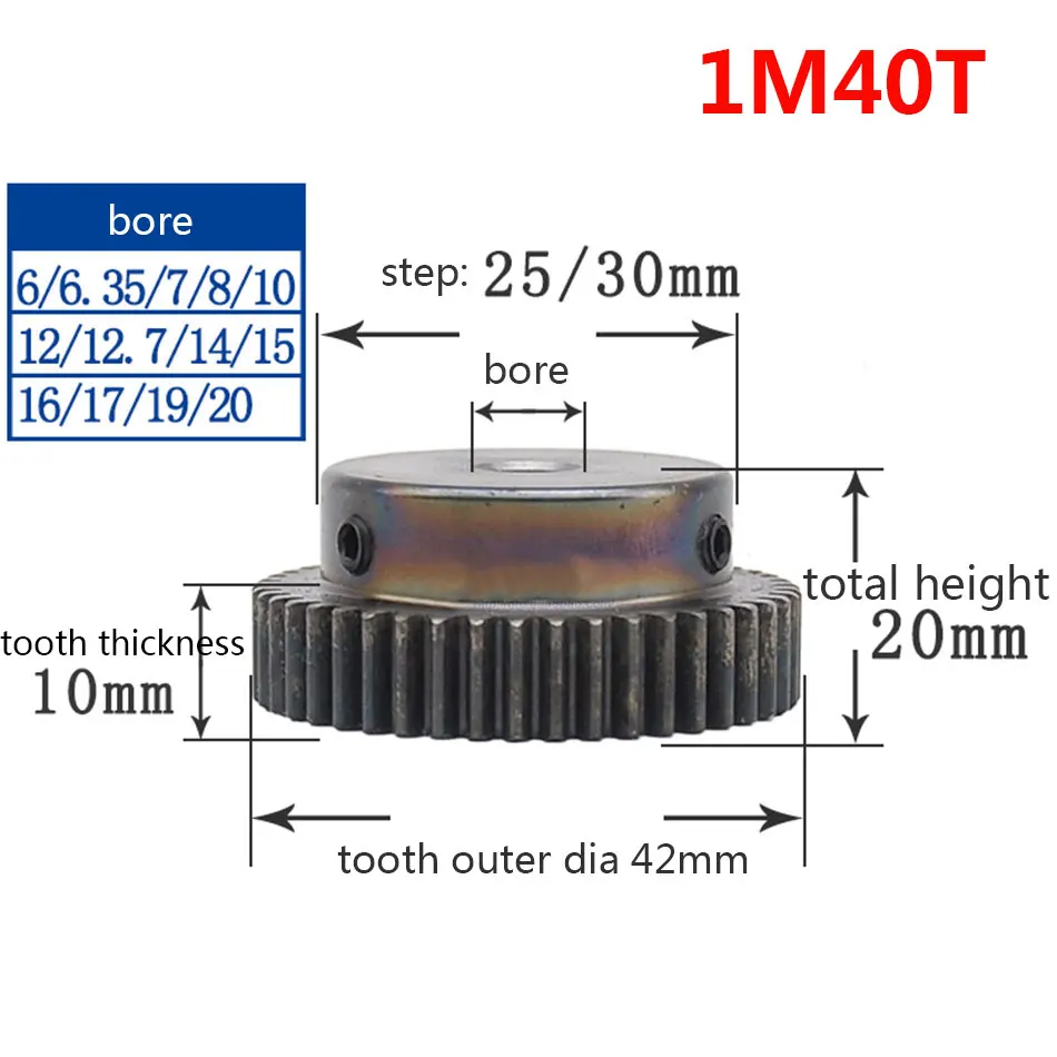 

1/2/5/10/20PCS 1M 40T Spur Gear Pinion Bore 8mm Step 25mm Tooth Quench Motor Pinion Gear 1 Modulus Tooth 40 Outer Diameter 42mm