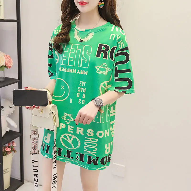 

2021Spring and Summer New Funny Graffiti Mid-length Short-sleeved T-shirt All-match Thin Loose Women's Top Bottoming Shir tGoth