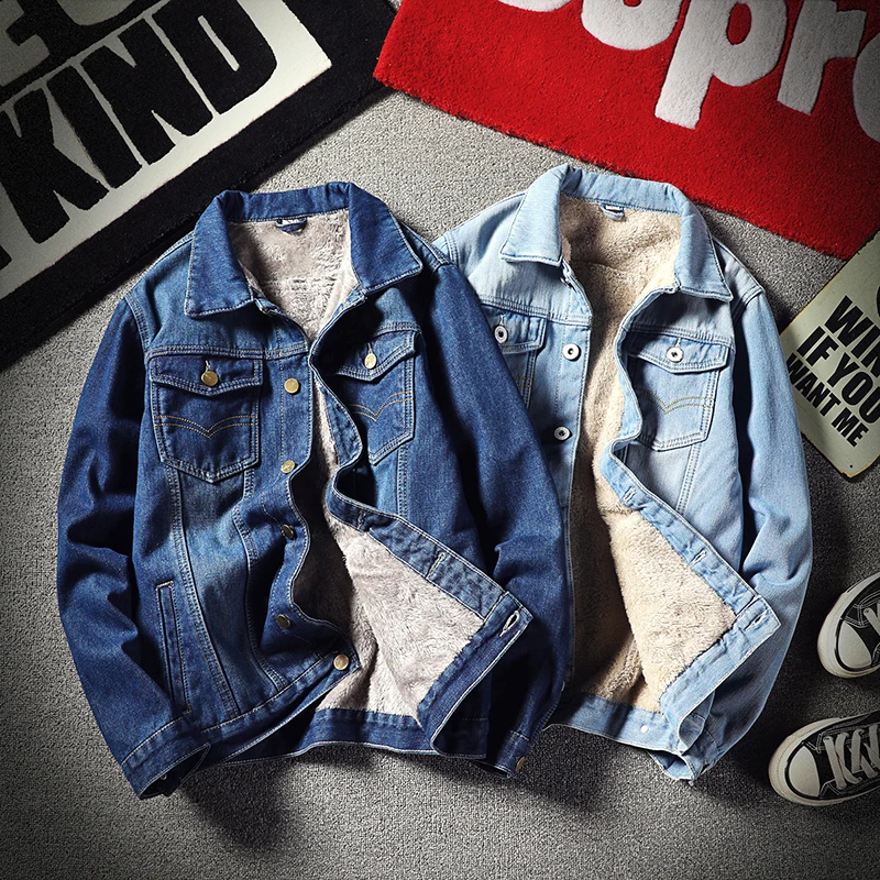 Мужские осень-зима плюс толстый бархат джинсовая куртка с эффектом