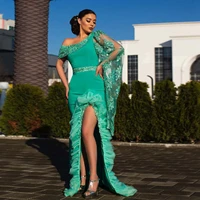 green elegant calssic evening dress floor length high split tulle lace applique a line arabic formal prom dress plus size