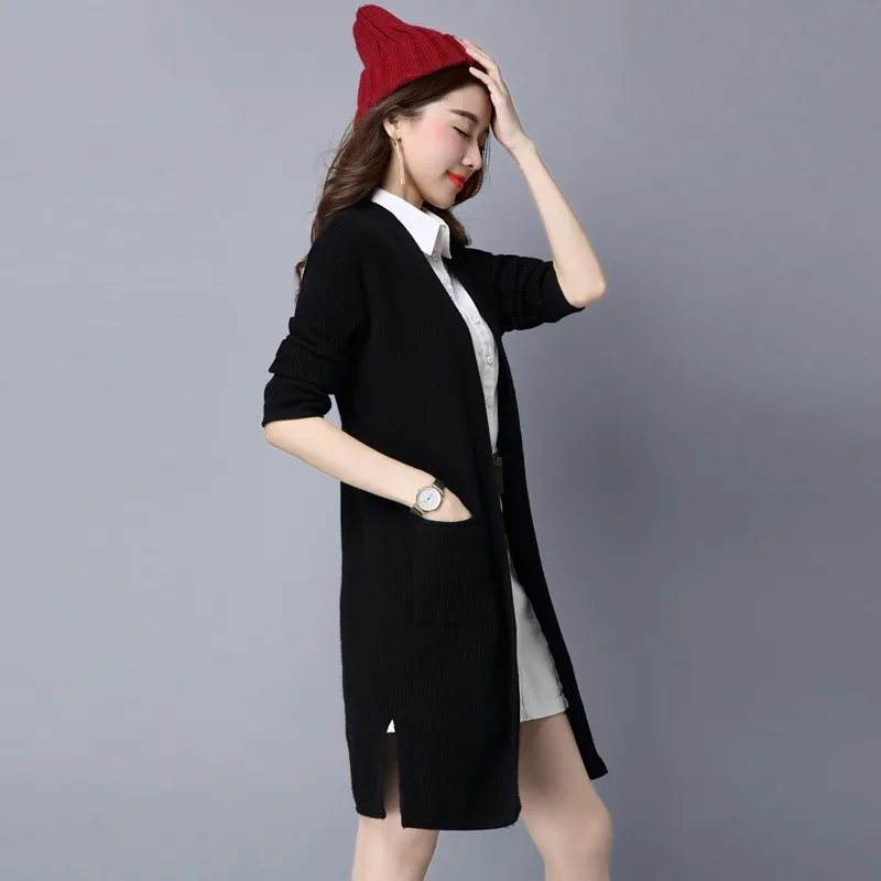 Корейский Свободный трикотажный свитер пальто длинный кардиган женская зимняя