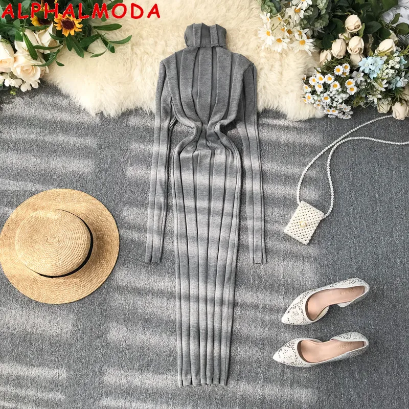 ALPHALMODA осеннее и зимнее рваное платье Новые пуловеры с высоким воротником и длинными рукавами тонкое трикотажное платье однотонное короткое простое платье