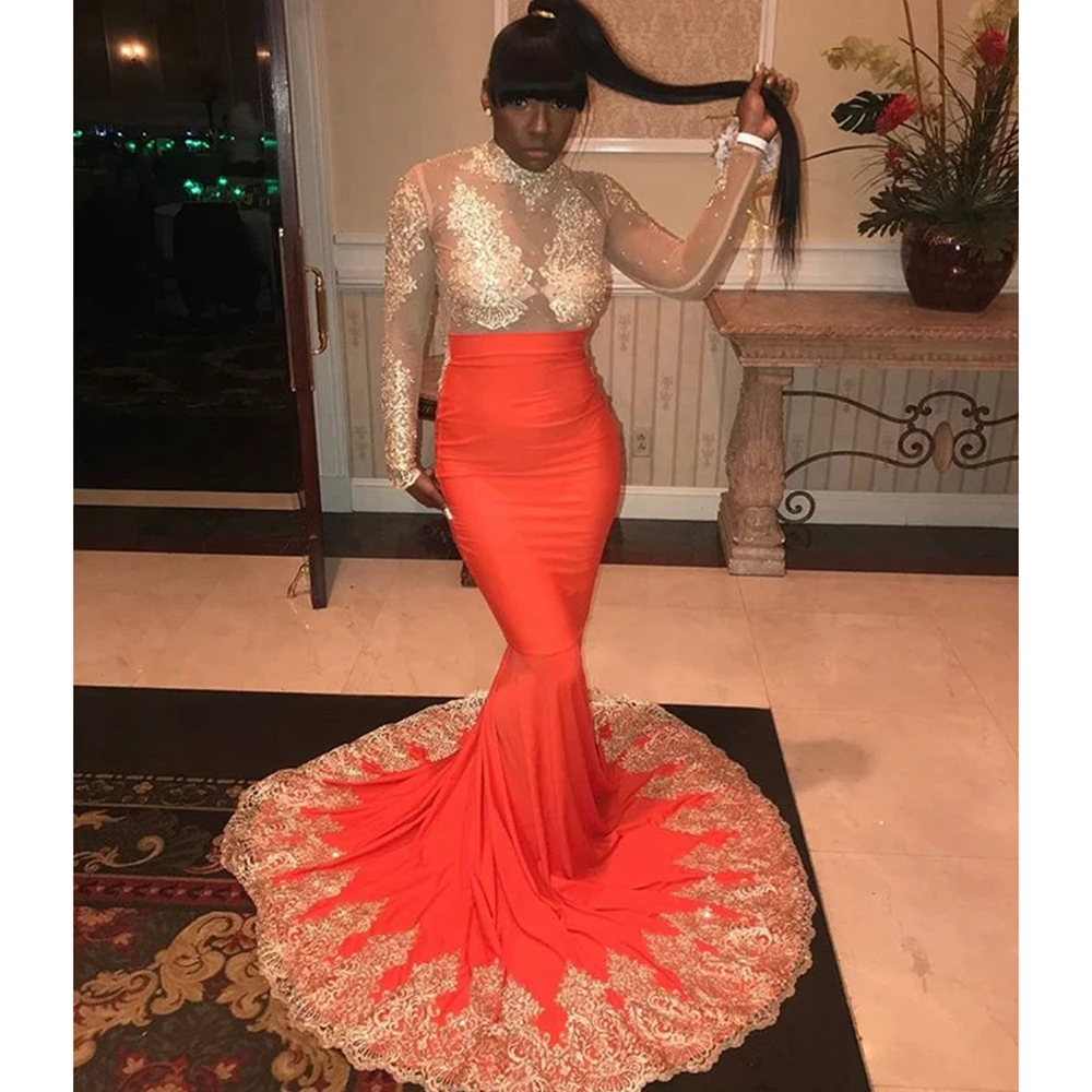 Оранжевое Прозрачное платье Русалка для выпускного вечера с длинным рукавом и