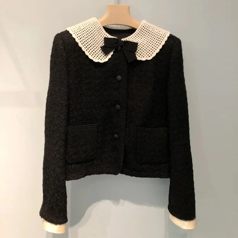 Spring New Desginer Women's High Quality Peter Pan Collar Tweed Jackets Sweet Short Coat F017