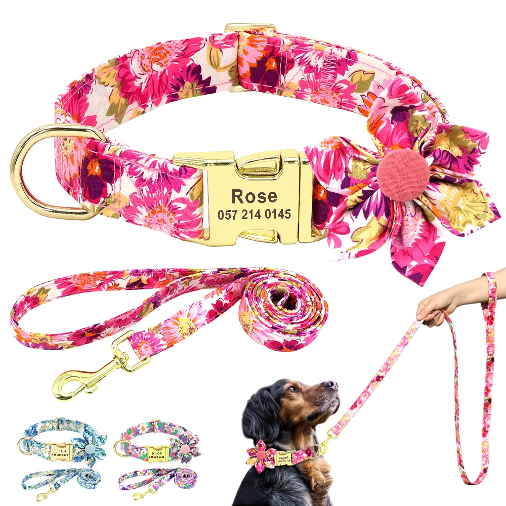 Personalized Dog Collar and Leash Set Nylon Print Dogs ID Collars Pet Lead Belt Rope Flower Accessories Small Medium Large Dogs