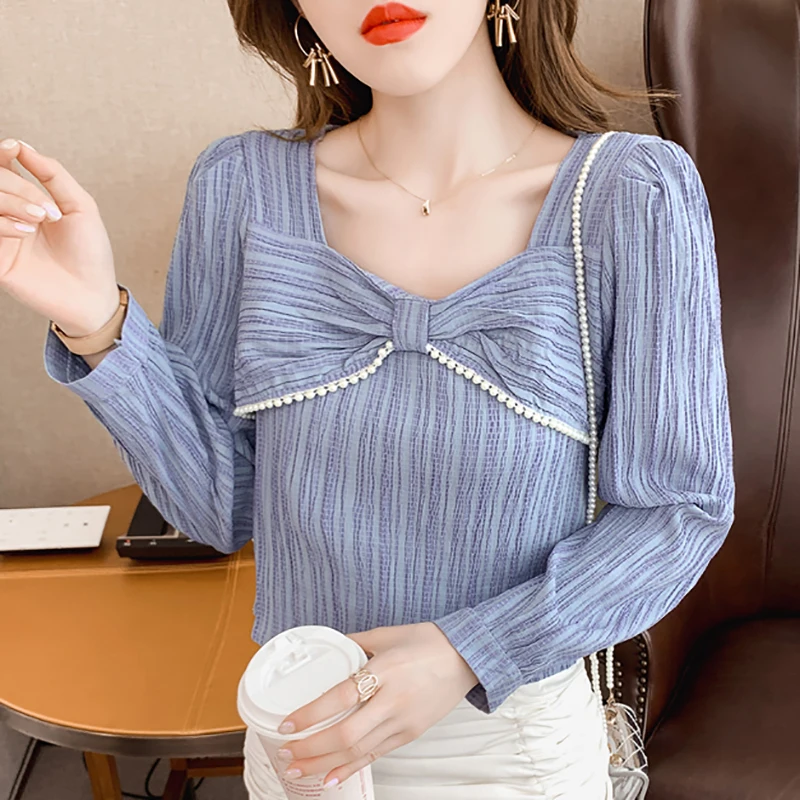 

Womens Blouses Square Collar Long Sleeve Chiffon Korean Fashion Beading Spring 2022 Women Bow Shirts Clothes Camisas De Mujer
