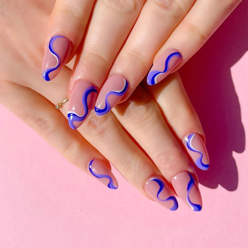 

24pcs blue white Wavy lines Detachable Long Ballerina False Nails With Design Wearable Fake Nails Full Cover Nail Tips