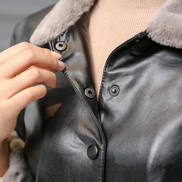 Office Ladies Faux Fur Turn Down Collar Faux Leather Jacket Coat big Size 4XL 5XL Womens Pu Lether Jackets Black Red Army Green