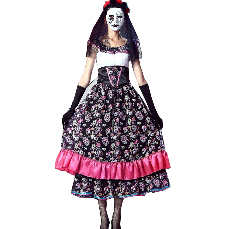 День мертвых платье цветок розы череп Хэллоуин испанский тело костюм страшно