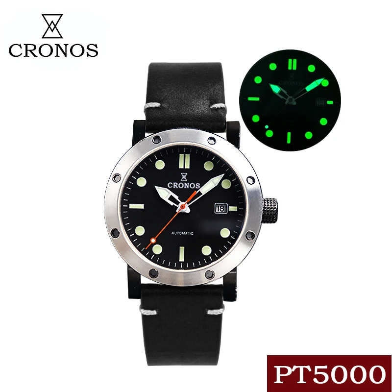 

Cronos Men Watch Stainless Steel Mechanical PT5000 Water Proof Blue MOP See Through Back Black Leather Strap Glow Hands