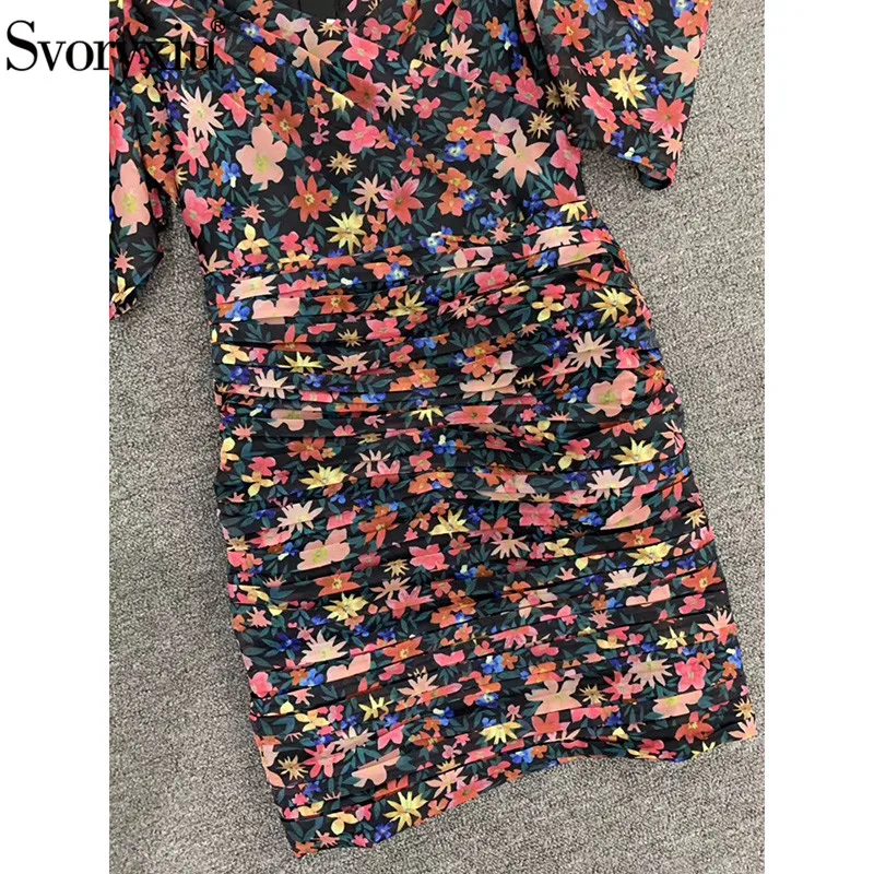 Svoryxiu сексуальный V Воротник Ruched Bodycon Летние вечерние мини платья женские пышные с коротким рукавом цветочный принт посылка ягодицы платье