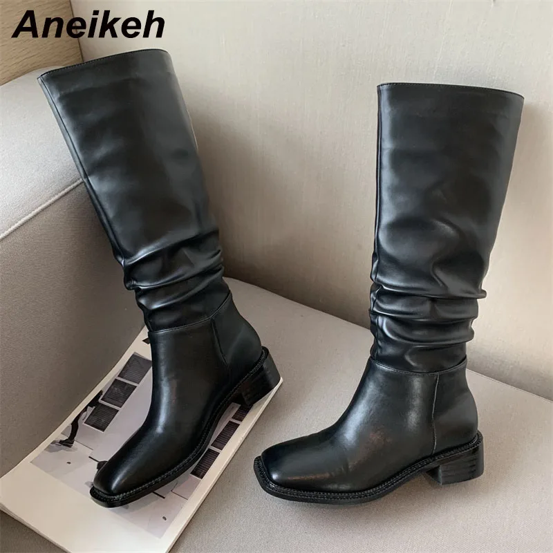 

Aneikeh, женская обувь без шнуровки, новинка 2021, модные плиссированные женские зимние сапоги, привлекательные сапоги до колена из флока и ПУ с о...