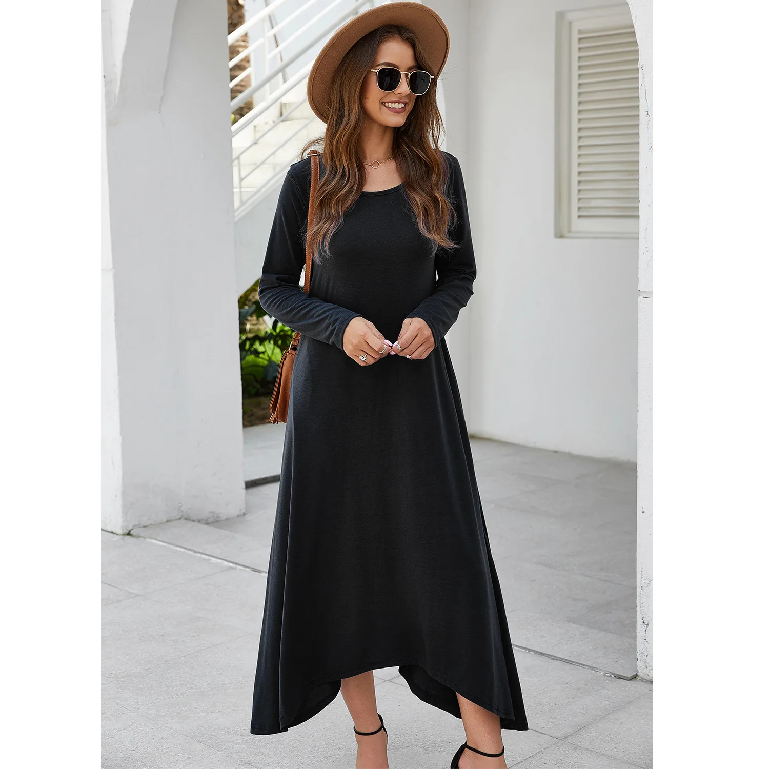 

2021 Summer Sexy Pure Color Collect Waist Long Sleeve Big Skirt Dress for Woman Blue Black Red Sexy Long Dress Woman