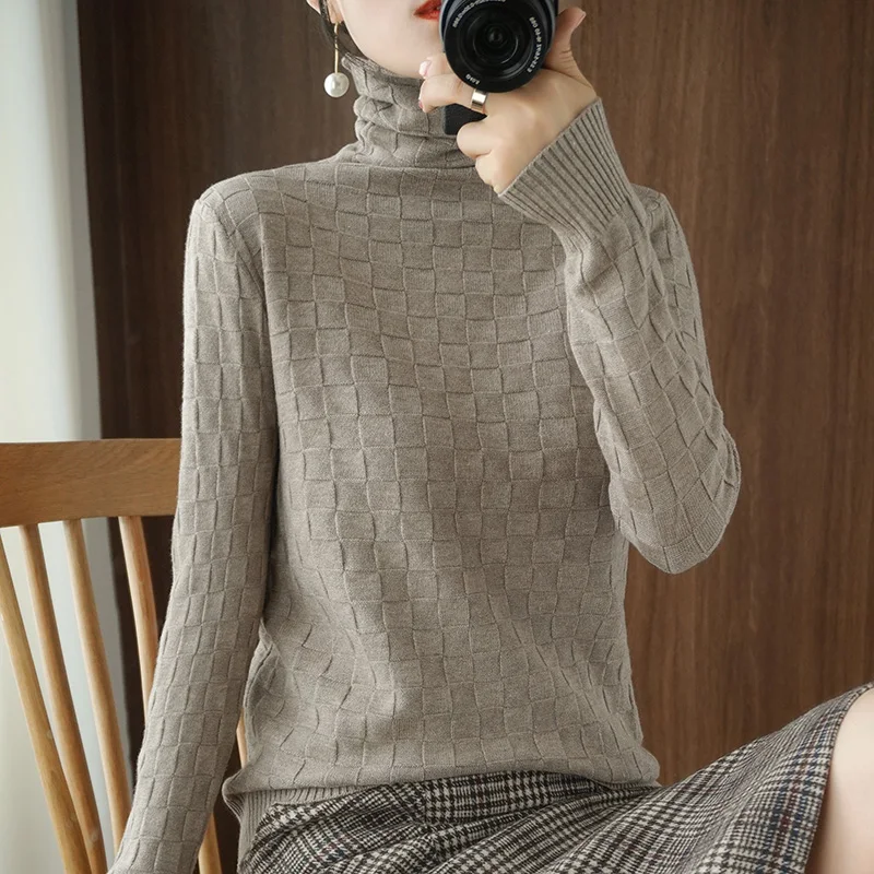 

Pure color woolen sweater women pile pile collar knit inner plaid turtleneck top bottoming shirt autumn and winter new style