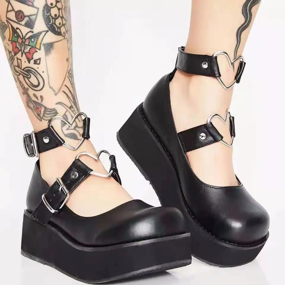 

Heart shape Female Lolita shoes black pink Cute Women's Pumps Platform Wedges High Heels Pumps Sweet Gothic Cosplay Shoes Woman