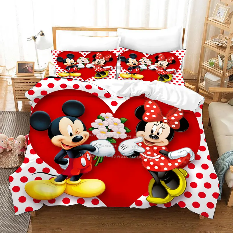 

Wedding Mickey Minnie Mouse Bedding Set for Couple Bed Red Polka Dot Quilt Duvet Cover 3pc Girls Bedroom Decor Queen King Size