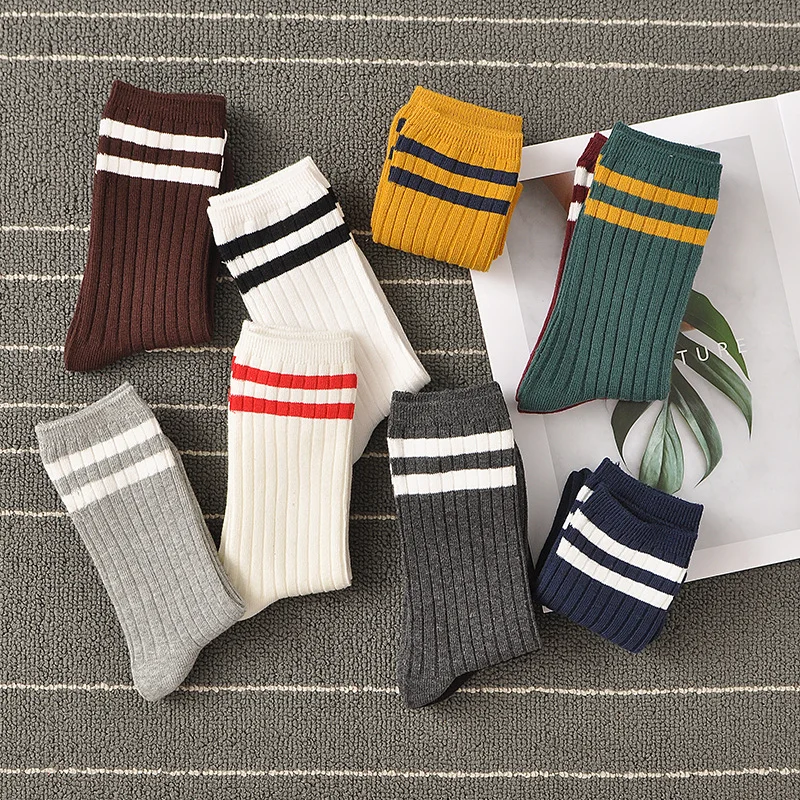 

Spring Socks Women Woman Korean Version of The Two Bars Japanese Striped Cotton Tube Pile Socks Ins Tide Socks College Style