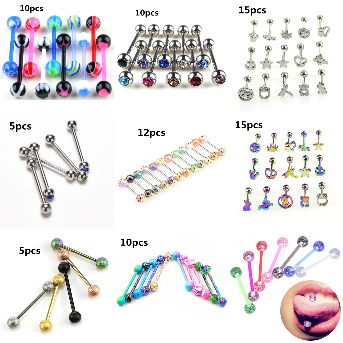 8 шт./компл. разноцветными помпончиками и пирсинг-штанга для языка кольцо-пирсинг