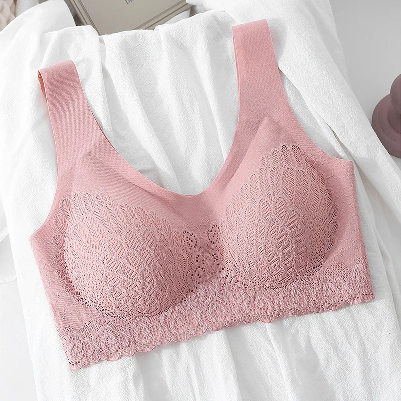 

Roseheart Women Fashion Skin Pink Gray Wireless Lace Padded Bras Sexy One-Piece Bras Bralette Cup A B C Underwear Seamless