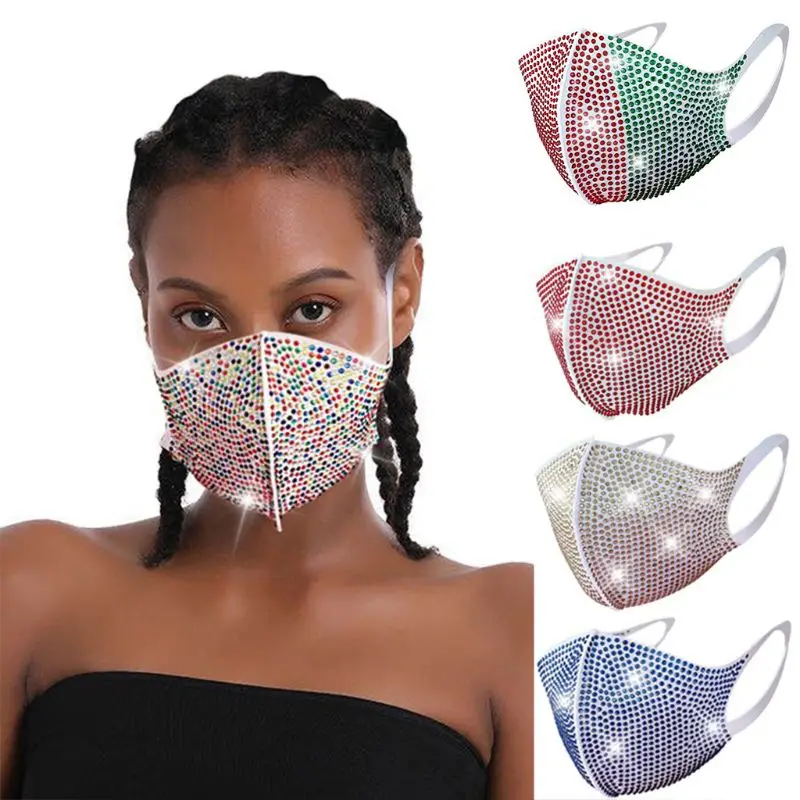 

Women Dustproof Polyester 3D Mouth Mask Colorful Hot Drilling Glitter Rhinestone Nightclub Masquerade Party Face Cover