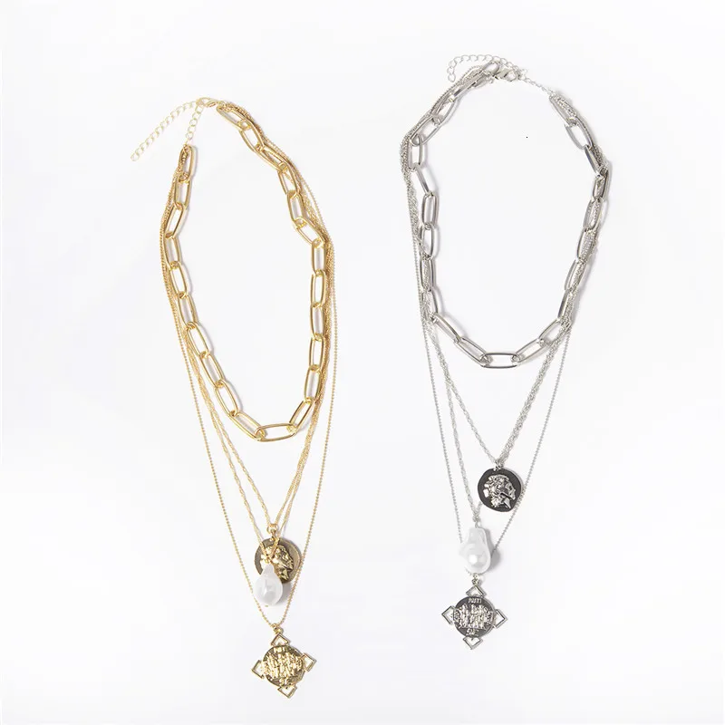 IngeSight. Z панк многослойное ожерелье-чокер с искусственным жемчугом массивное резное ожерелье с подвеской в виде монеты для женщин ювелирные изделия