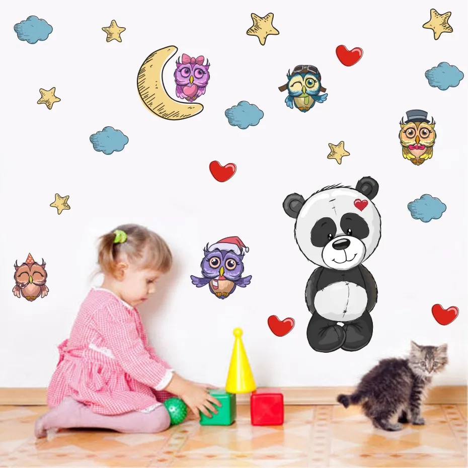 Мультяшные Милые Сова медведь и луна звезды наклейки с облаками Детская Наклейка