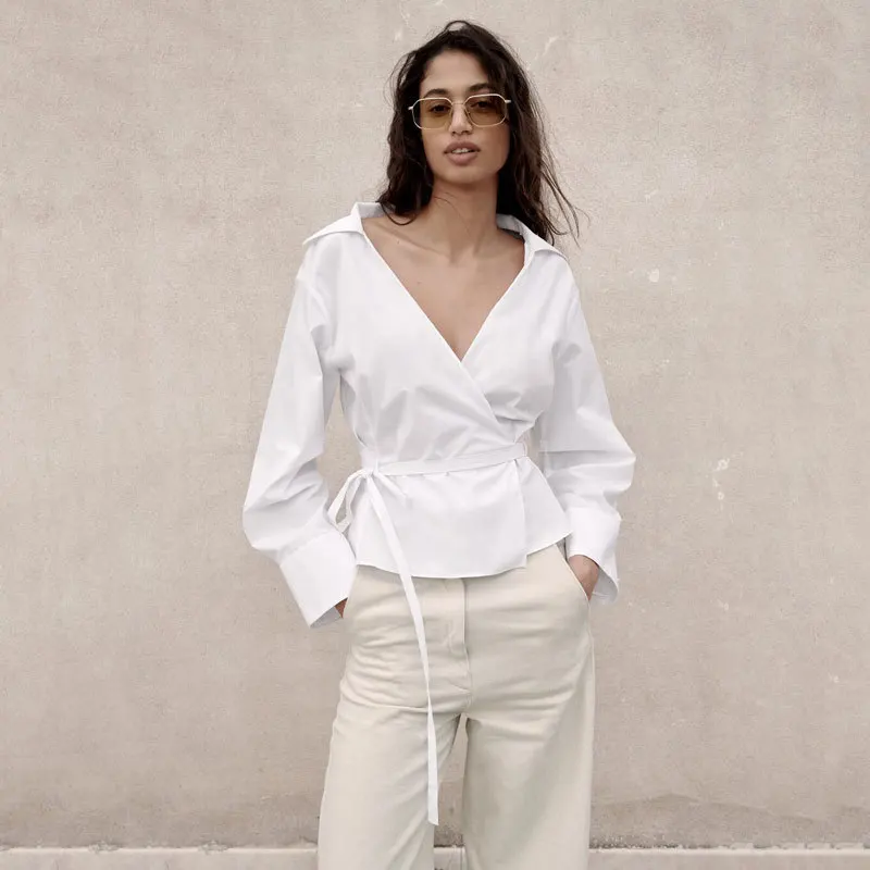 

Elegant White Blouse Women Long Sleeves Sexy V-neck Chic Office Ladies Shirt Female Casual Blusas