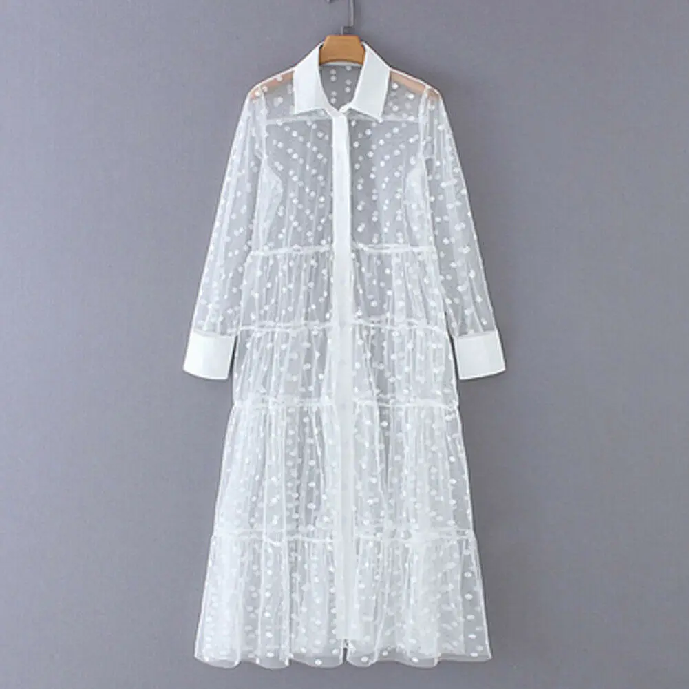 Women Mesh Sheer Transparent Polka Dot Lace Cover up V Neck Button Down Maxi Dress See-through Party Clubwear Beach | Женская одежда