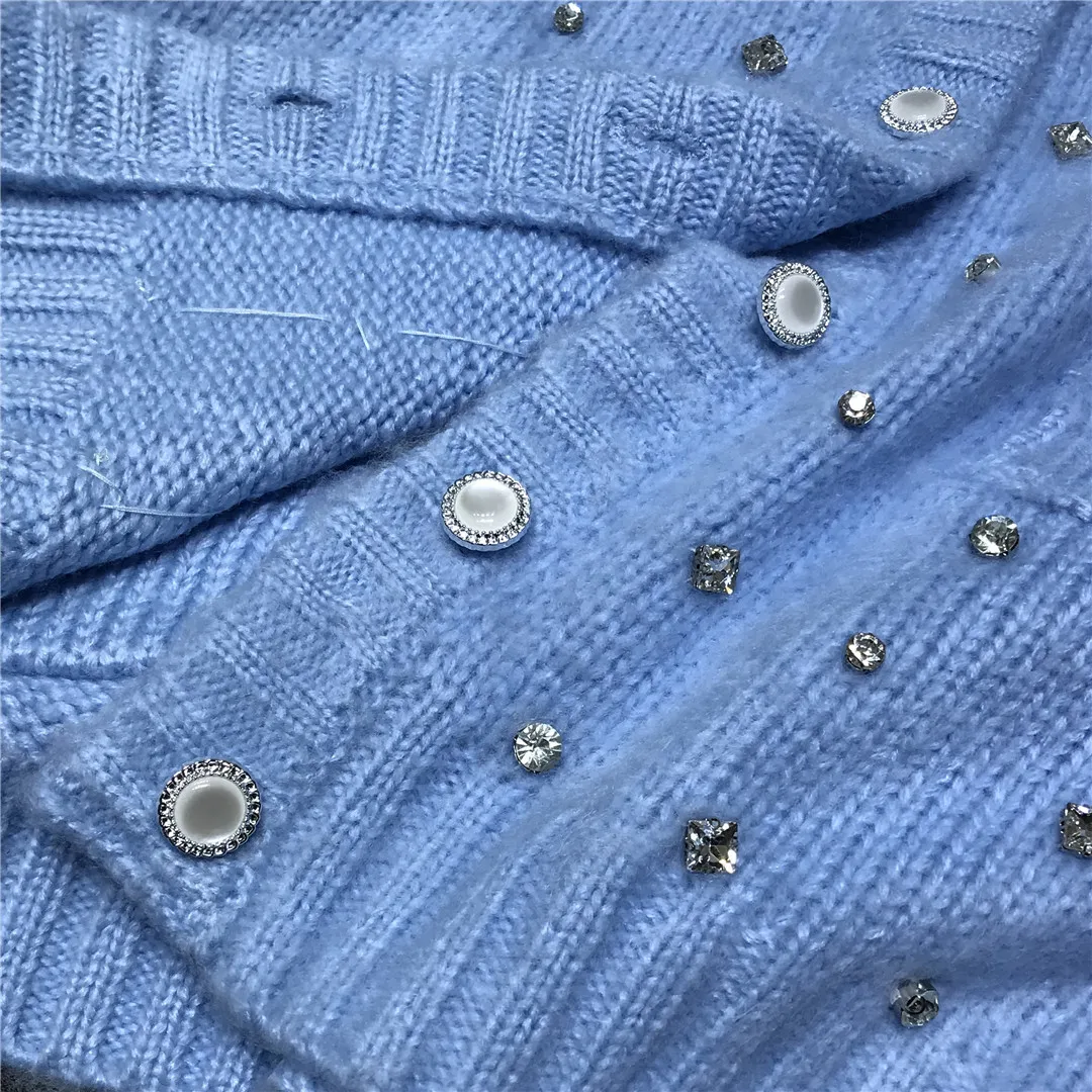 

Runway Sweater Cardian 2021 High Quality Vintage V Neck Puff Sleeve Women DIamond Beaded Mohair Cardigan Knitted Jersey Jacket