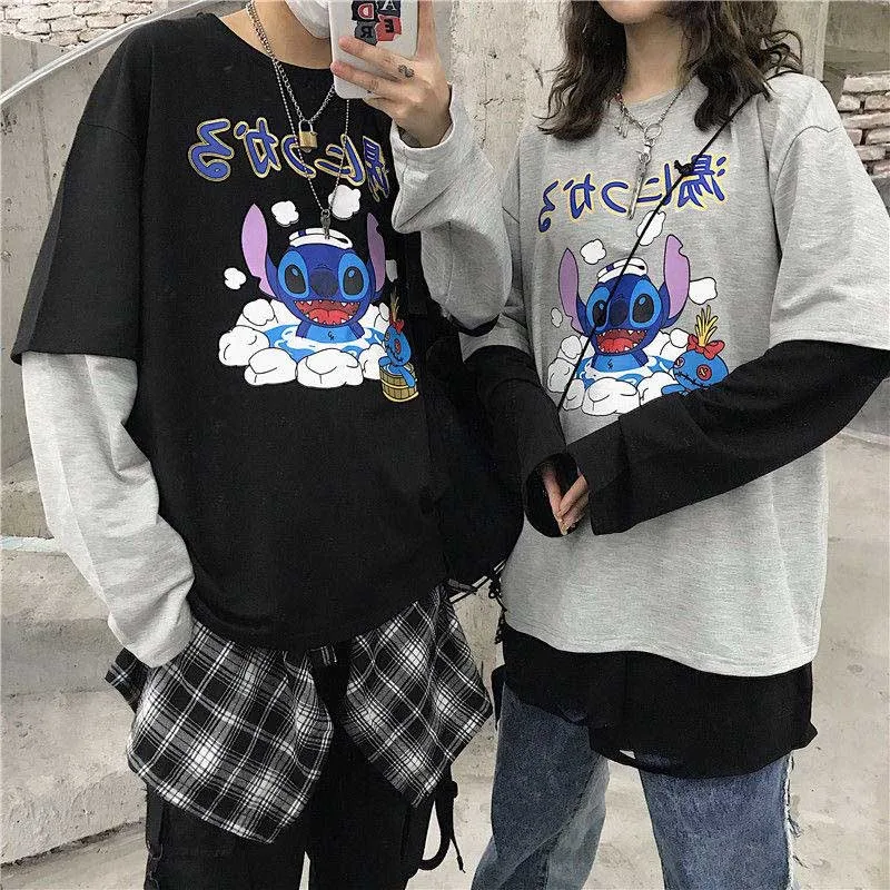 NiceMix Женская Harajuku Винтажная футболка с длинным рукавом Ulzzang лоскутное письмо комический принт свободный Круглый Вырез Эластичный весенний зимний топ F