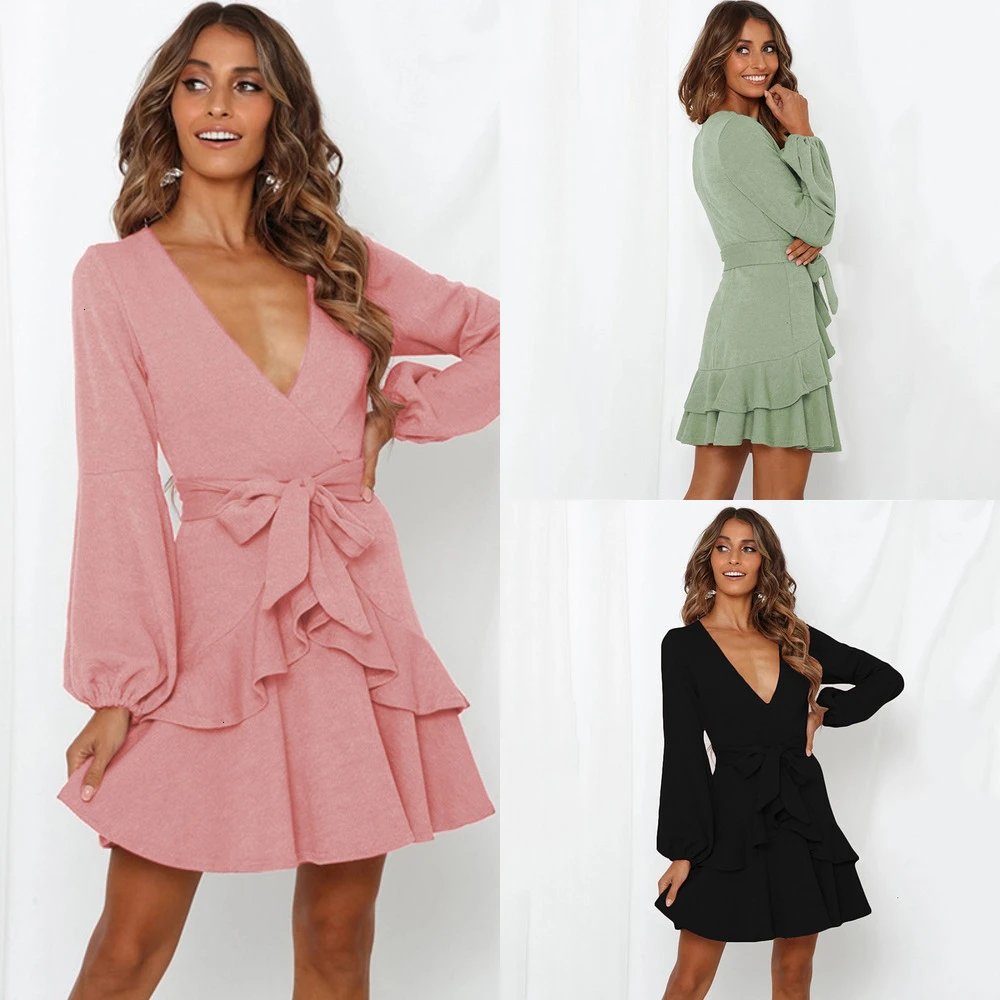 Повседневное уличное женское трикотажное платье сексуальное плиссированное с v