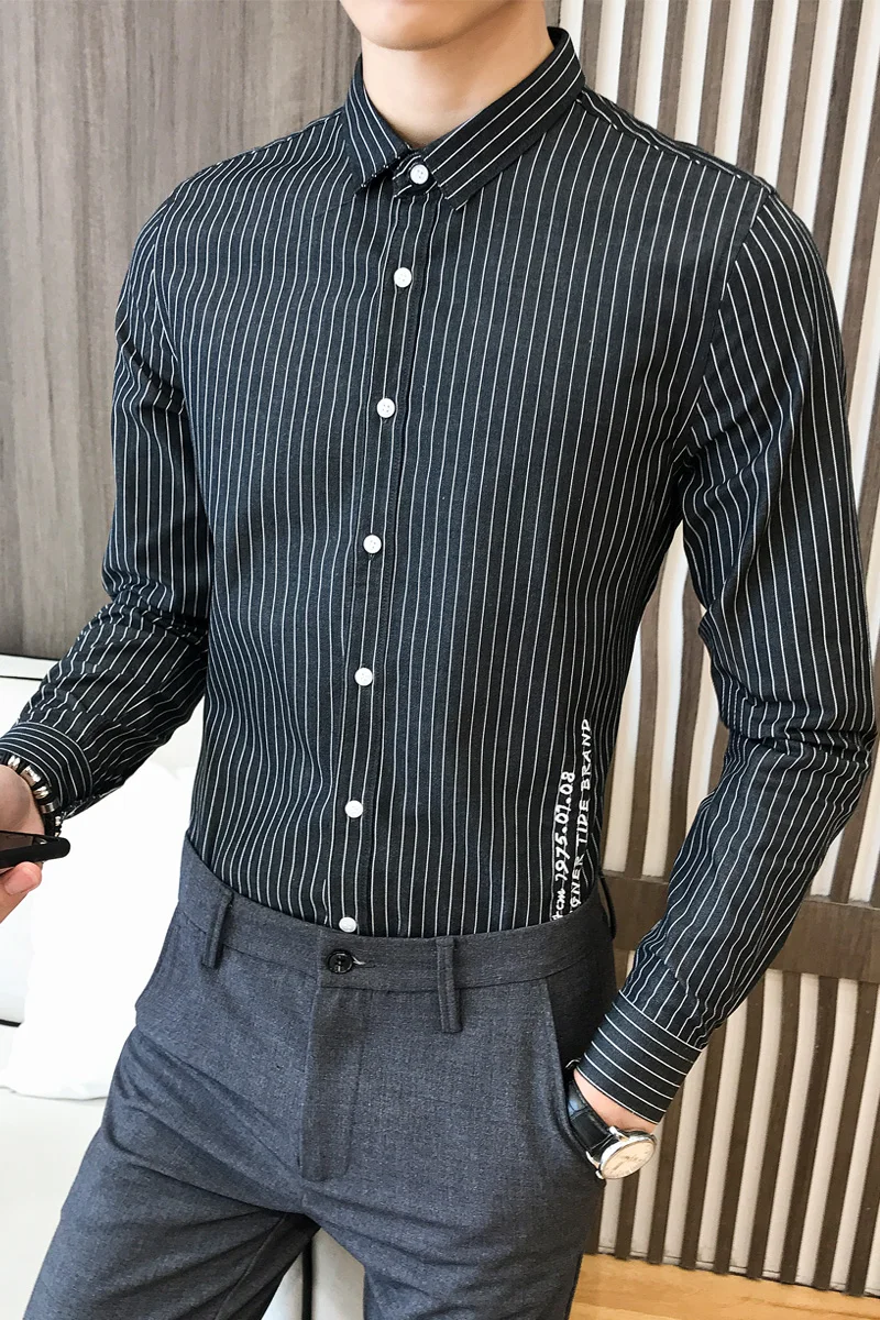 

Shirt 2021 Striped Men Long Sleeve Slim Fit Casual Dress Shirts Korean Streetwear Social Night Club Party Blusa Camisa Masculina