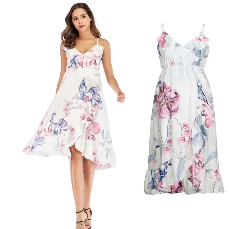 

Summer Maternity Dress Irregular Printing Maternity Sunny Beach Knee-Length Dress Casual Sling Dress Comfortable Maternity Dress