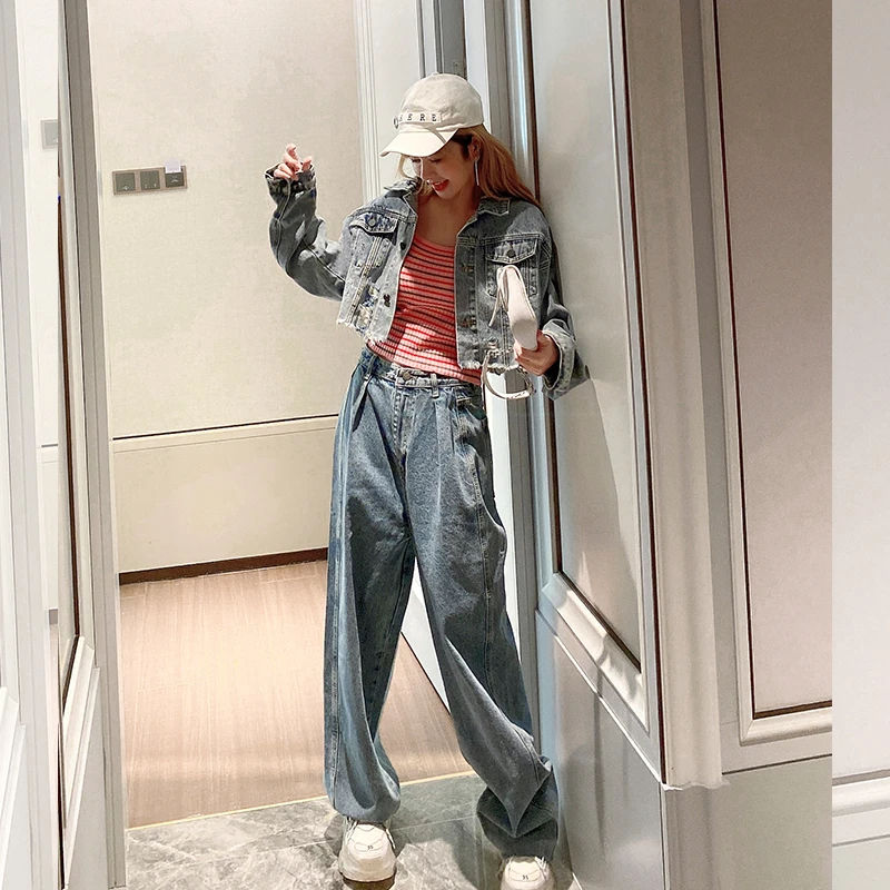 

Unua amo Cropped Denim Jacket Women Vintage Washed Basic Coat 2021 Streetwear Autumn Fashion Frayed Hole Jean Jacket YY012A