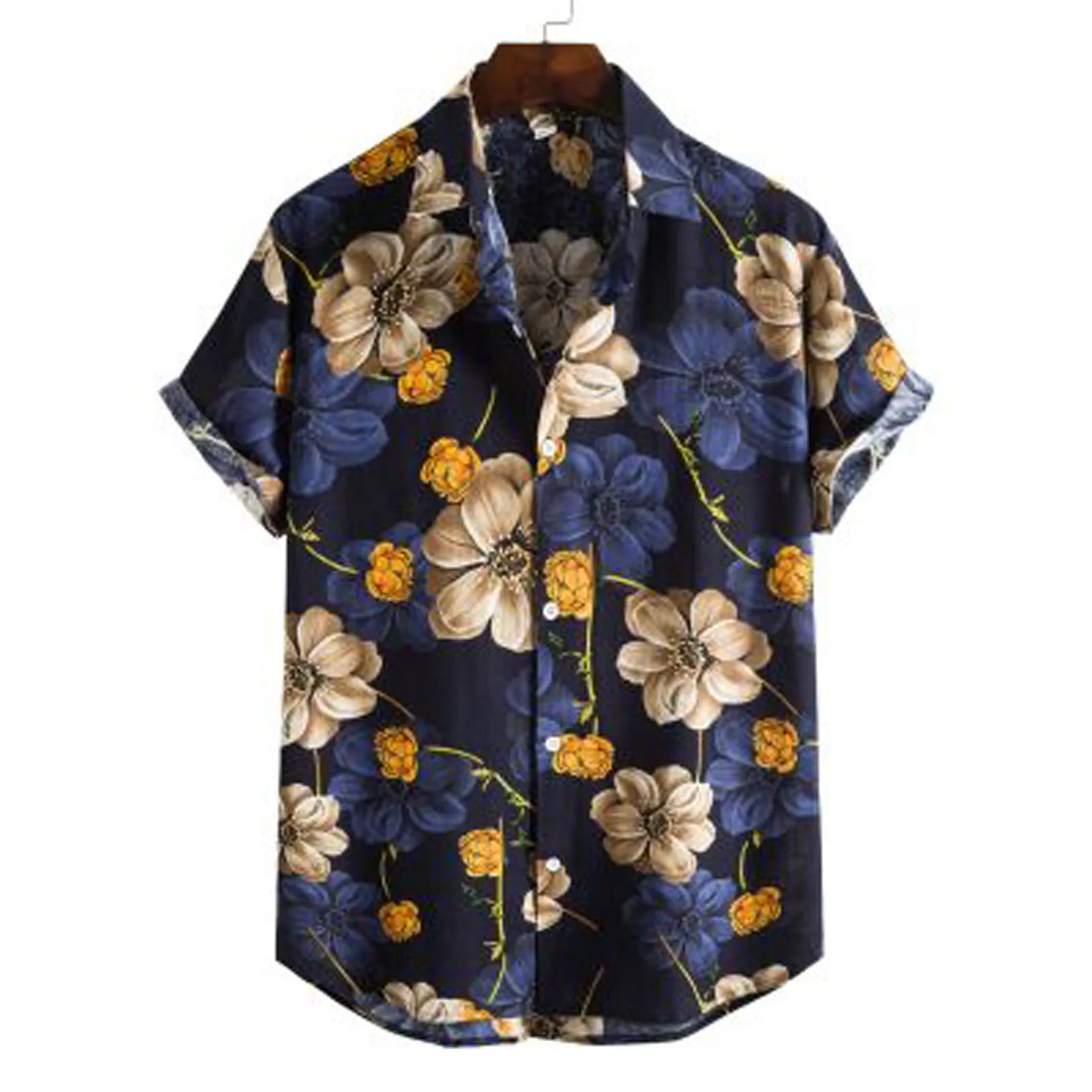

2021 Fashion Man Blouse Turn-Down Collar Short Sleeve Tops Men Summer Loose Casual Shirt Dance Beach Daily Male Clothing