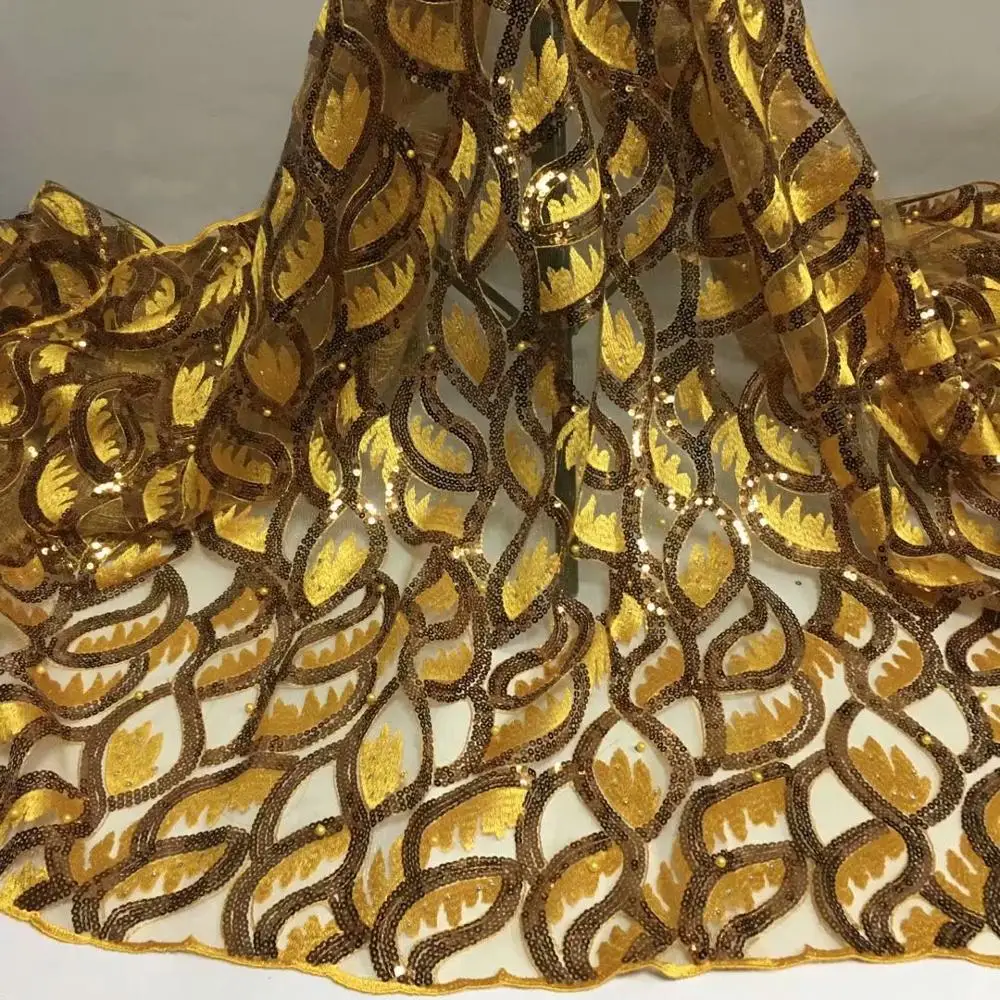 Последовательная кружевная ткань Золотая французская с бусинами нигерийская